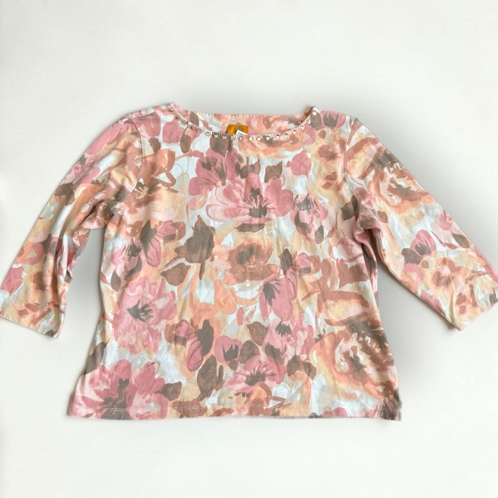 Ruby Road Petite PL Floral Print Embellished Neck 3/4 Sleeve Top Pink Peach